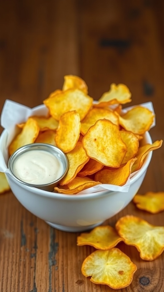 A bowl of crispy homemade potato chips with a side of dip on a rustic wooden table.